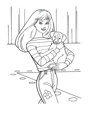 Barbie With Dog  Coloring Page